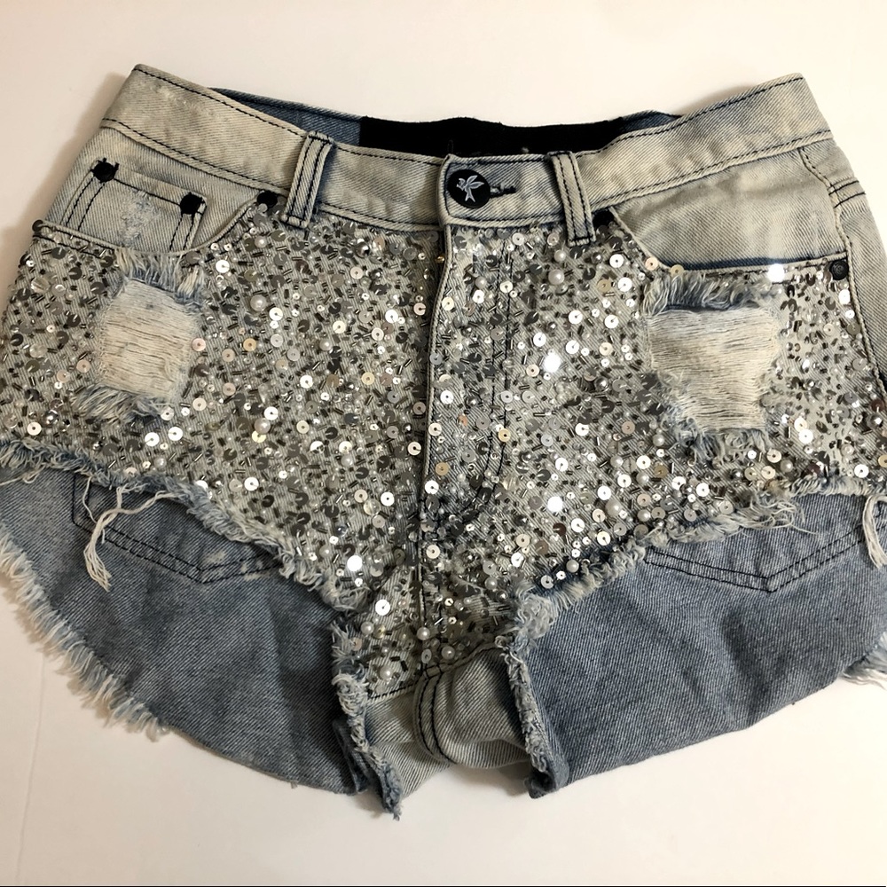 ONE TEASPOON Jean Shorts With Embellished Sequins & Pearls Size 26